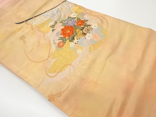 JAPANESE KIMONO / VINTAGE NAGOYA OBI / WOVEN CRANES & BOUQUET PATTERN